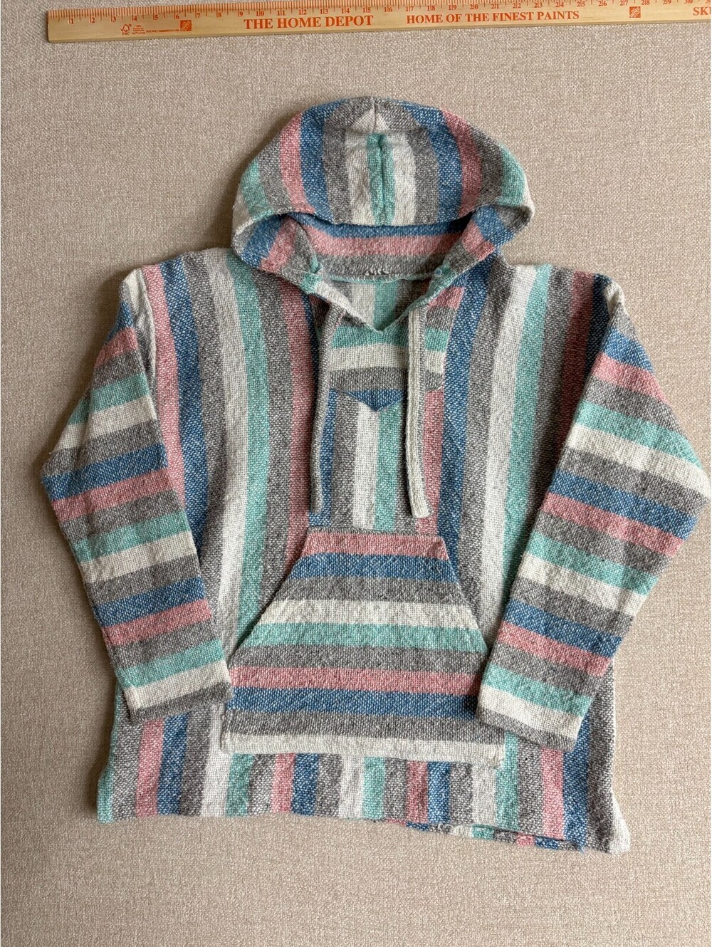 Vintage Mexican Striped Baja Hoodie Pullover Poncho Jerga Drug Rug Pastel L